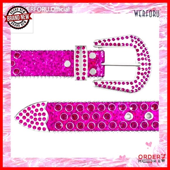 Rhinestone Studded Western Leather Belt with Removable Buckle for Women